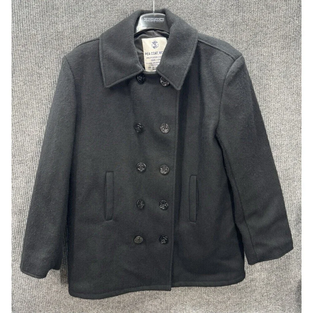 US Navy Wool Pea Coat Jacket Mens 40 Medium Black Anchor Buttons Military Issue